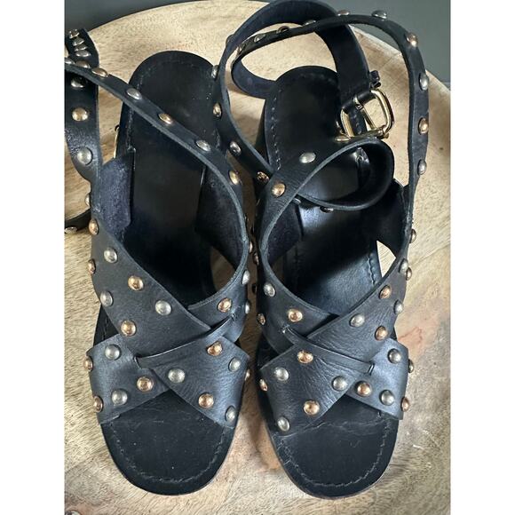 Maje Fiona sandals black leather gold silver studs ankle wrap sz 39 - Picture 13 of 14